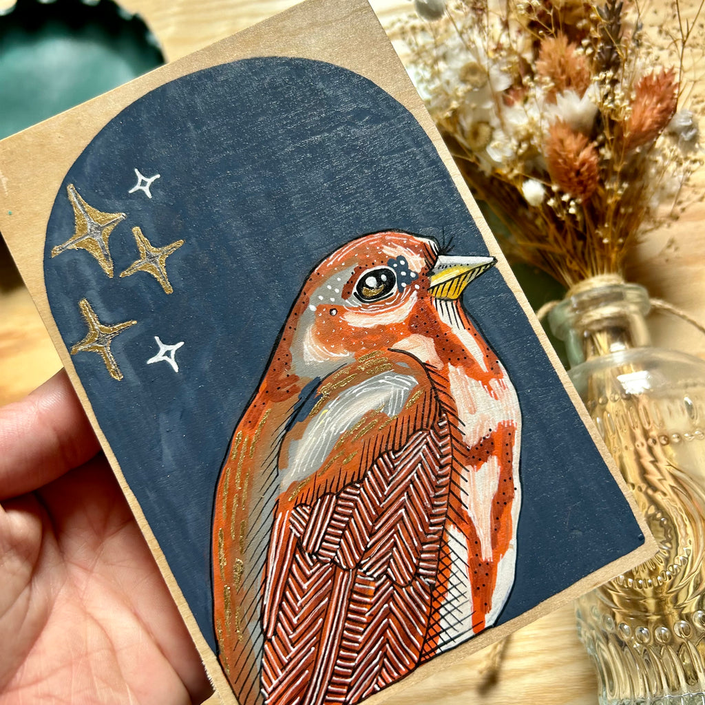 Fox Sparrow: Original Ink & Acrylic Illustration on Wood