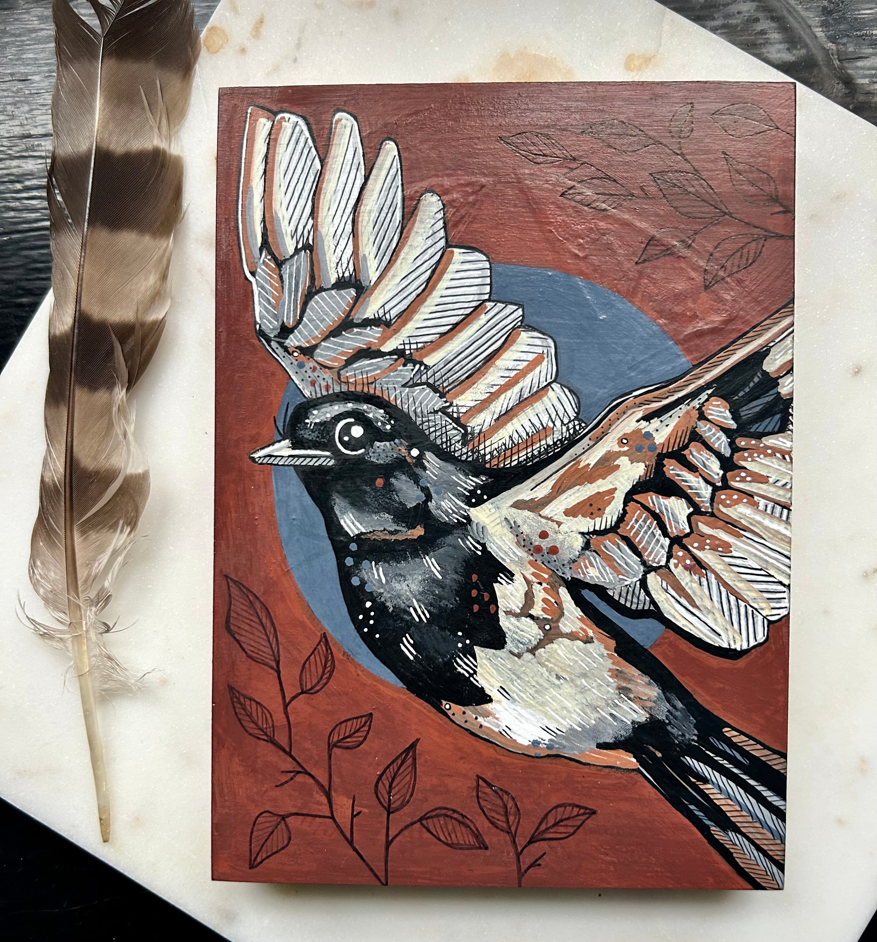 Black Phoebe: Original Ink & Acrylic Illustration on wood