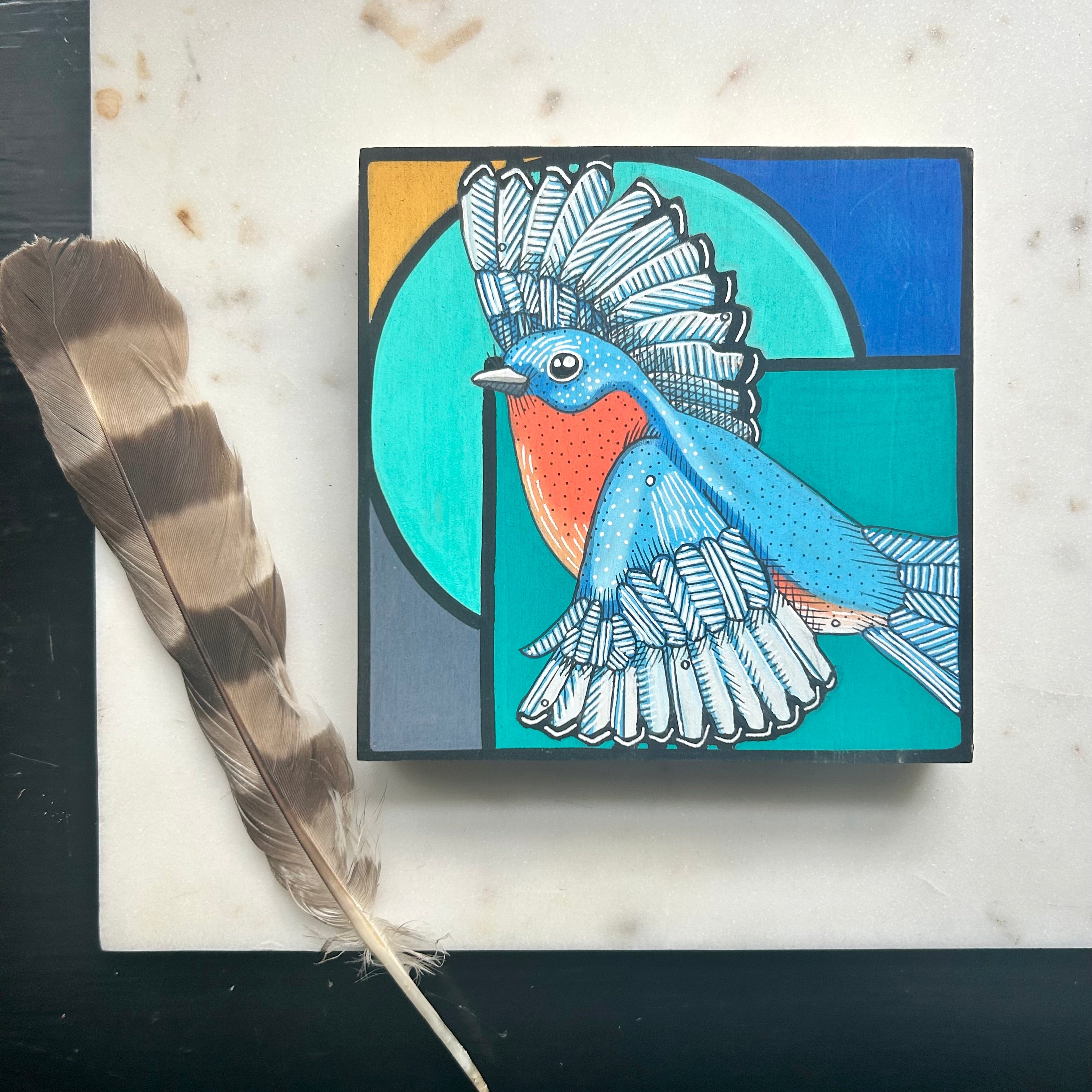 Eastern Bluebird: Original Ink & Acrylic Illustration on wood