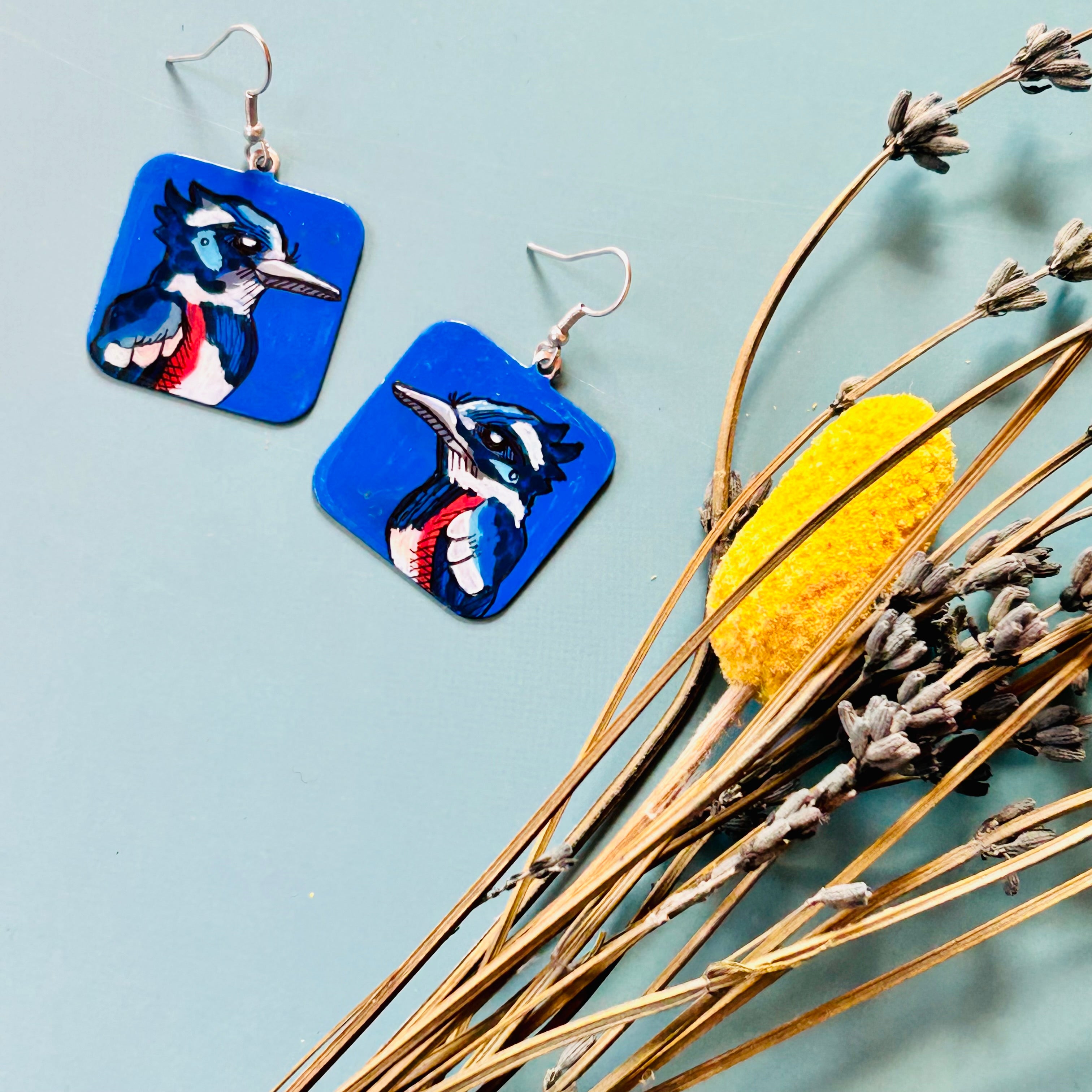 One-of-a-Kind Earrings: Belted Kingfisher