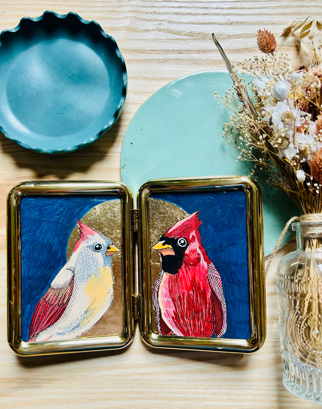 A Pair of Cardinals: Original Ink & Acrylic Illustration on Paper, framed