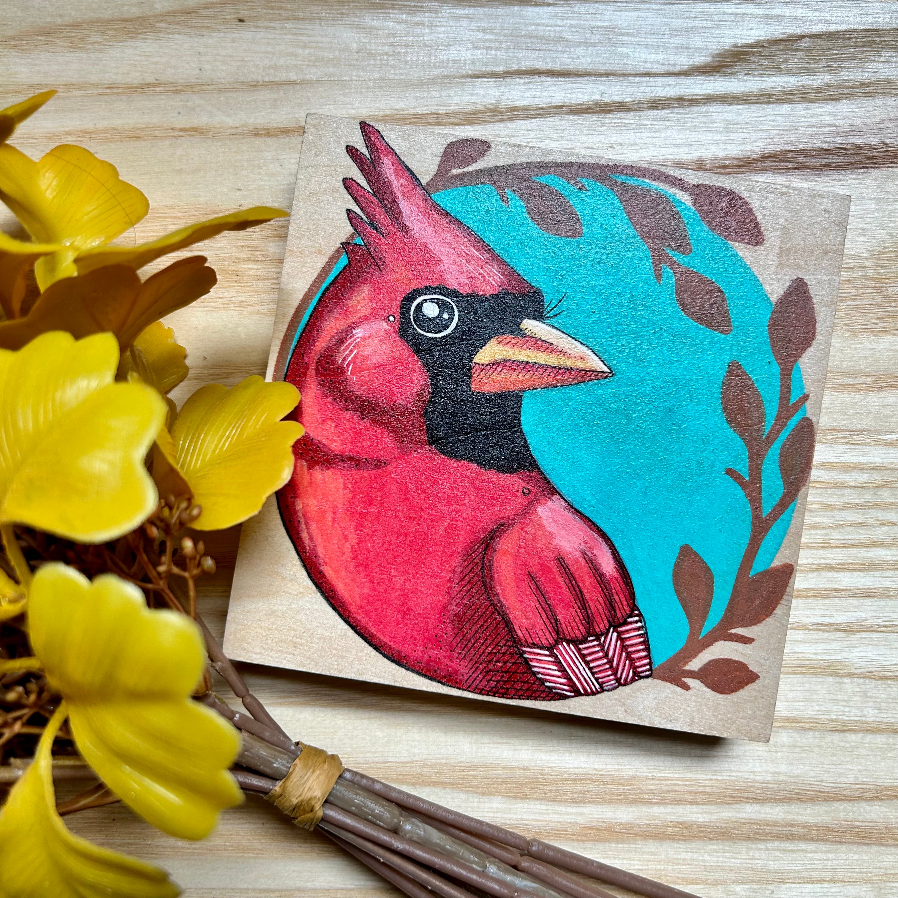 Cardinal: Original Ink & Acrylic Illustration on Wood