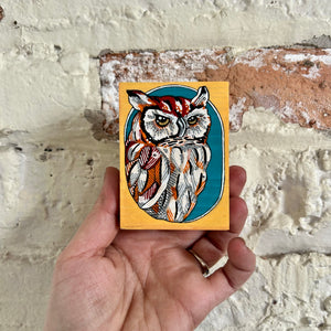 Western Screech Owl: Original Ink & Acrylic Illustration on Wood