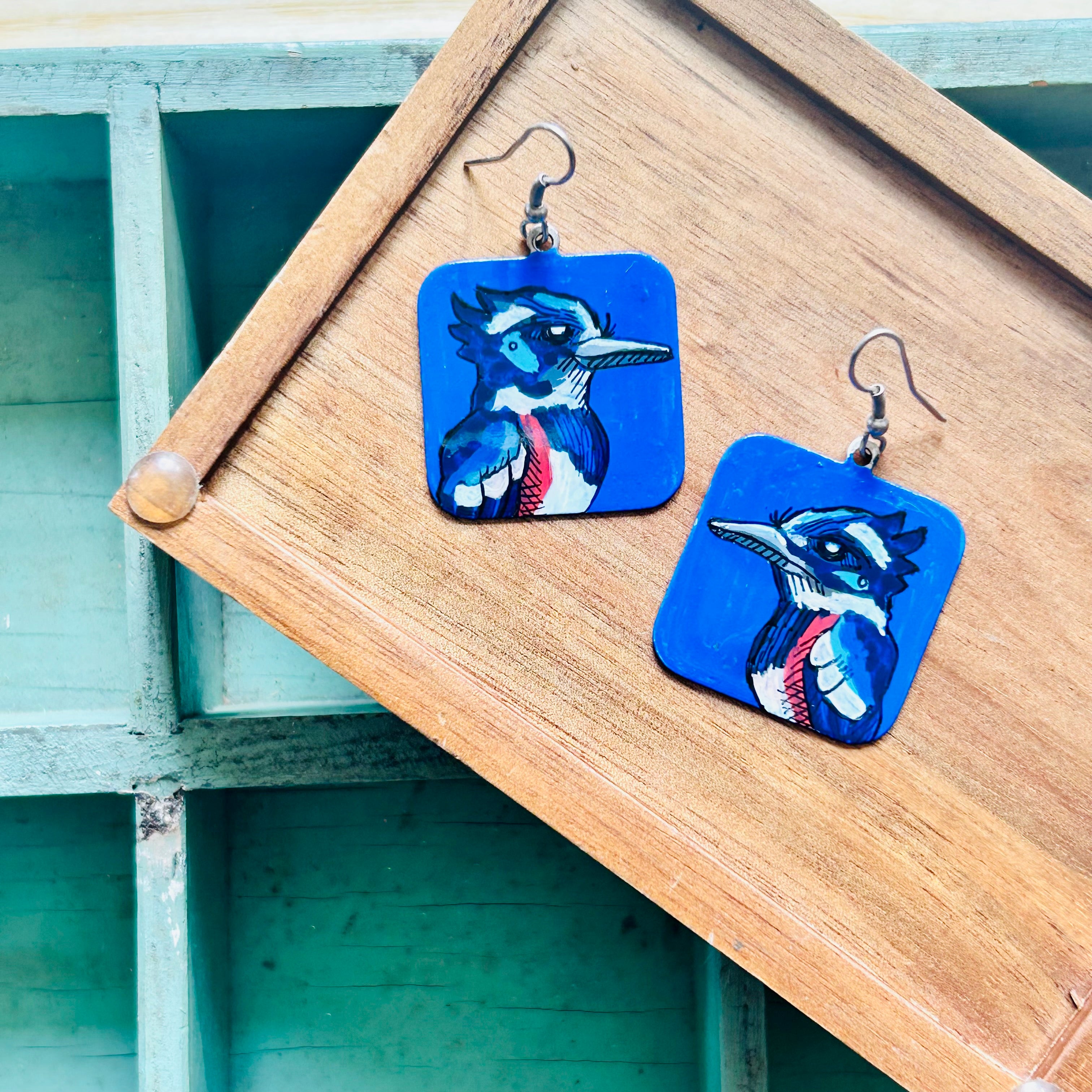 One-of-a-Kind Earrings: Belted Kingfisher