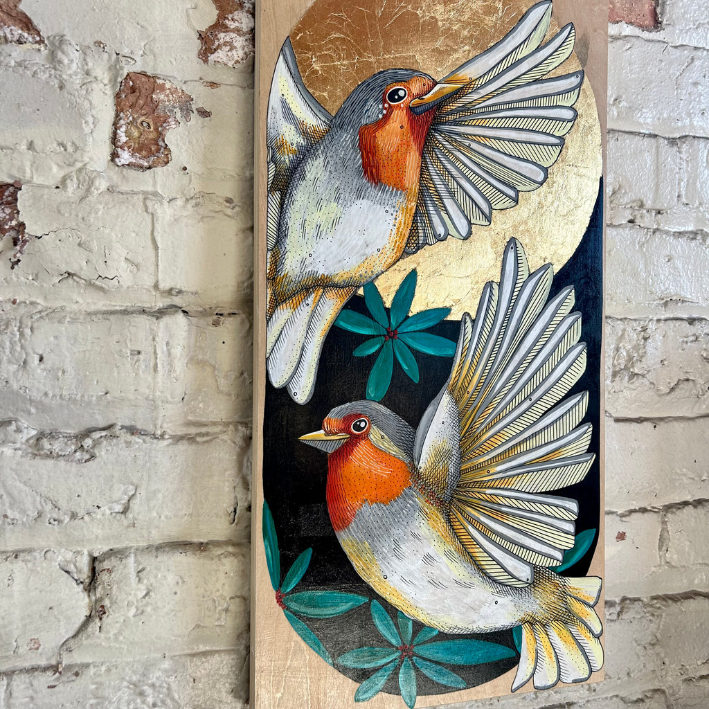 A Pair of European Robins: Original Ink & Acrylic Illustration on wood