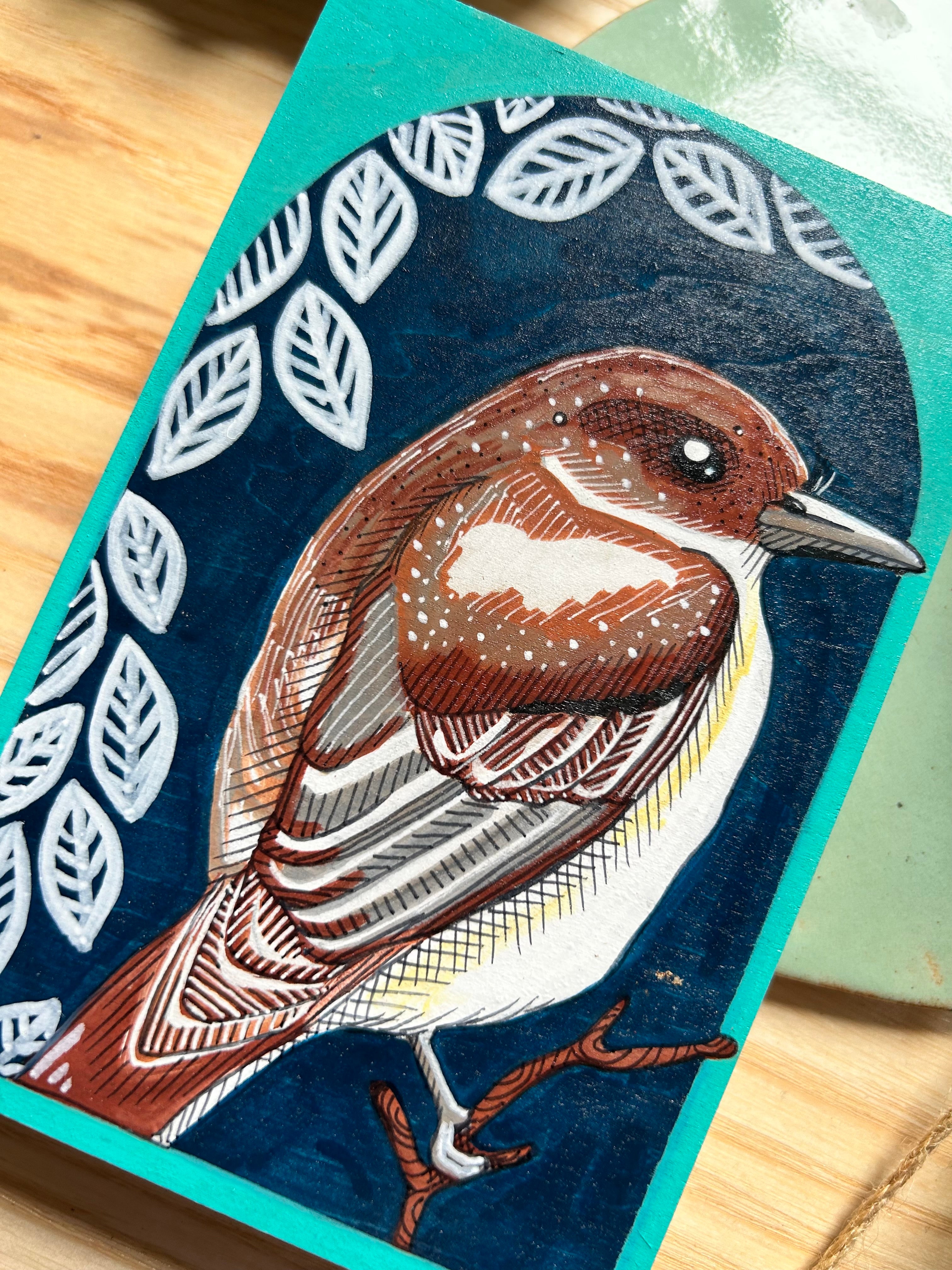 Phoebe: Original Ink & Acrylic Illustration on Wood