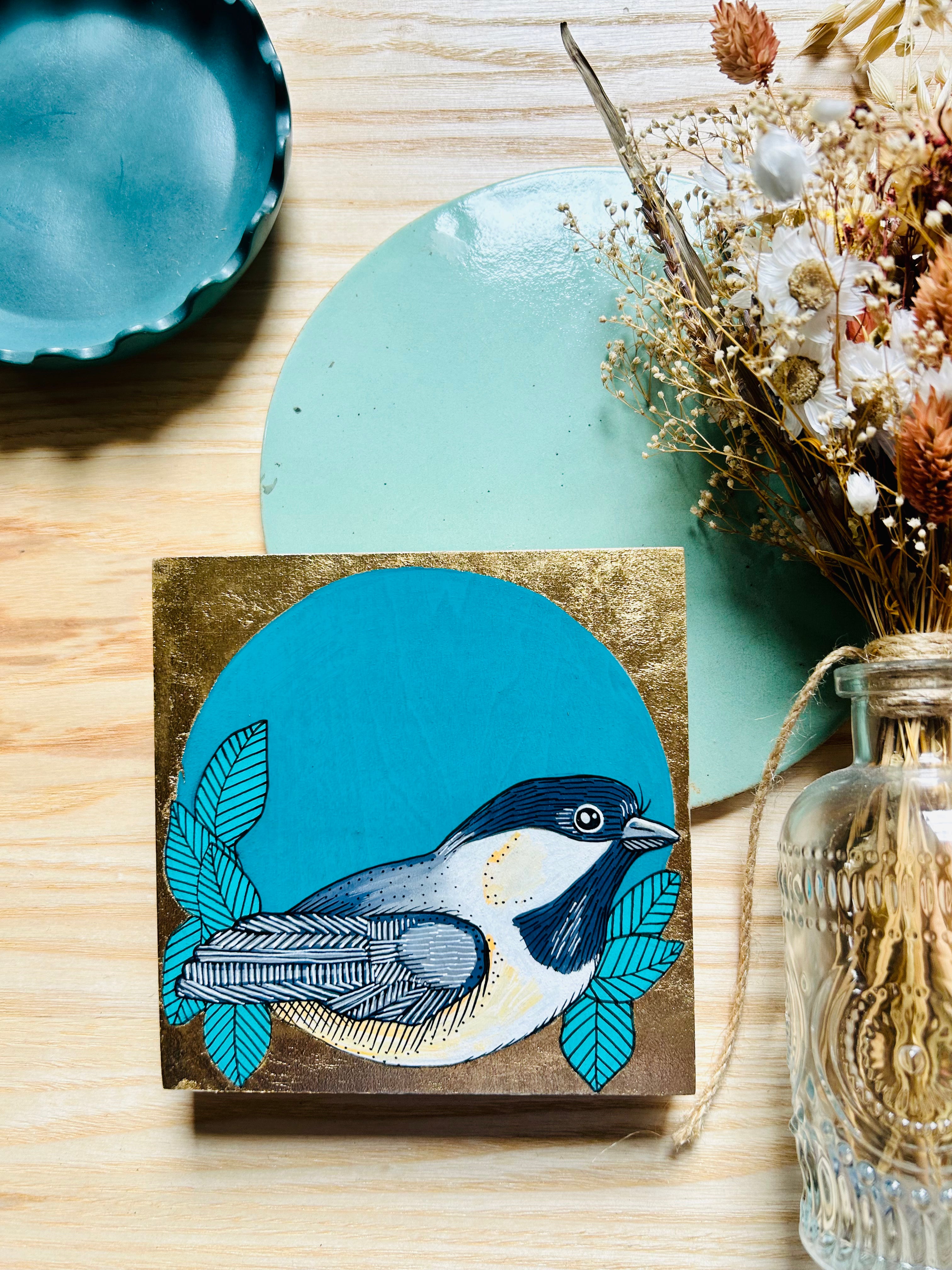Chickadee: Original Ink & Acrylic Illustration on Wood