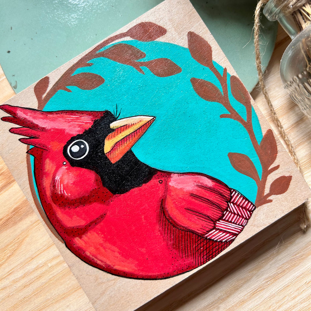 Cardinal: Original Ink & Acrylic Illustration on Wood