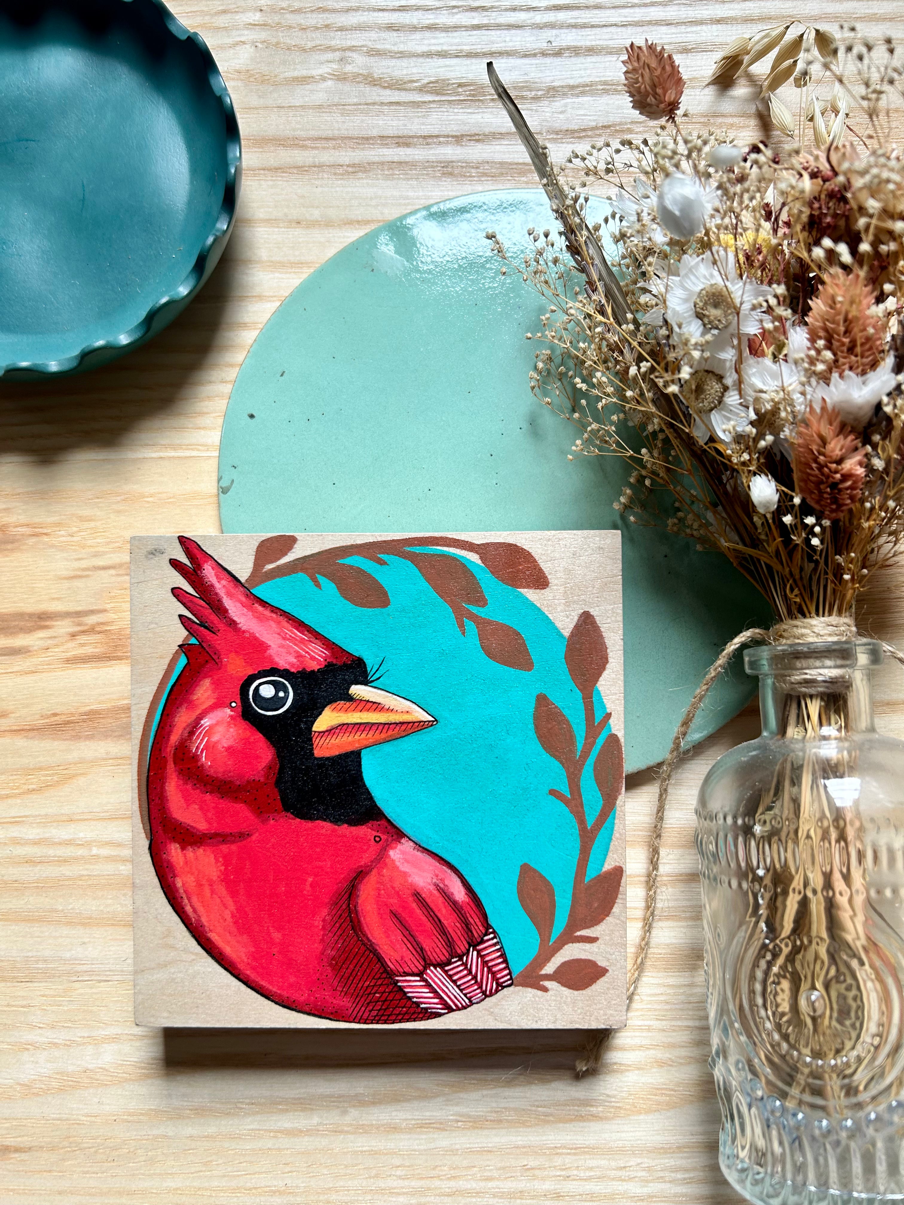 Cardinal: Original Ink & Acrylic Illustration on Wood